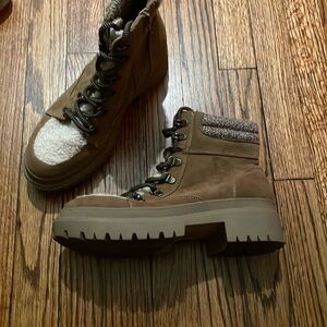 Tan Lace-Up Ankle Boots with Knit Cuff